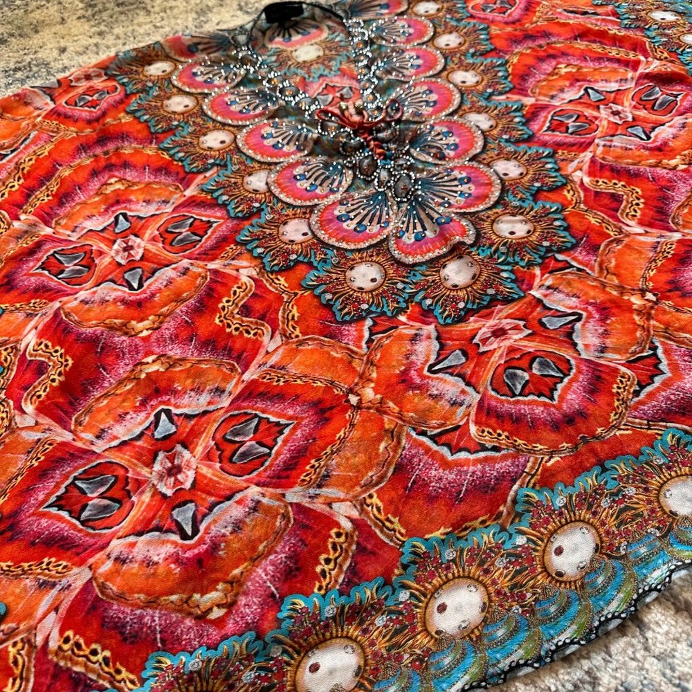 Charlie Paige | Multicolor Boho Embellished Tie Dye Poncho Swim Cover Up Kimono - Picture 2 of 9